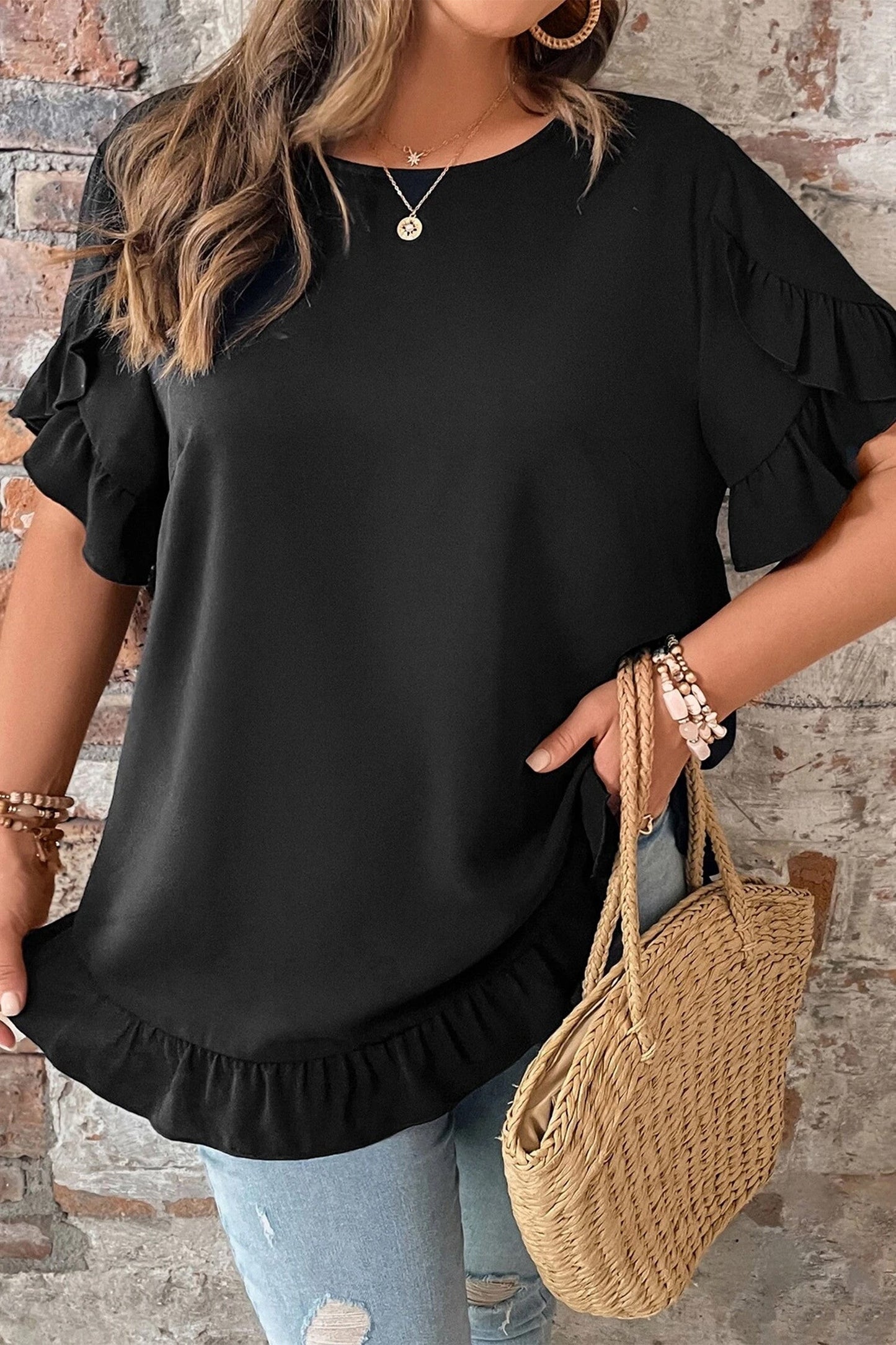 Black Petal Sleeve Plus Blouse