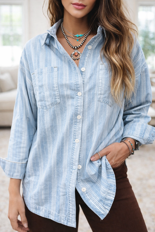 Blue Stripe Boyfriend Shacket January.