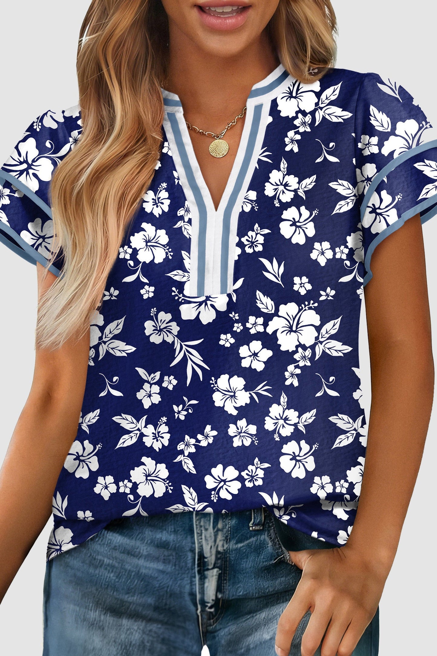 Blue Floral Contrast Trim Blouse