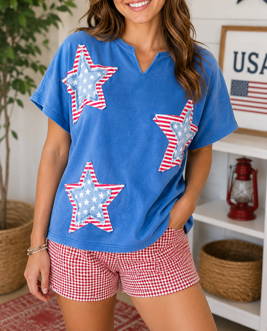 Blue Patriot Star Mineral Wash Top