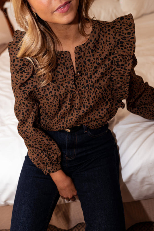 Brown Leopard Ruffle Sleeve Blouse August.