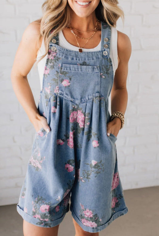 Floral Print Denim Shortalls INS