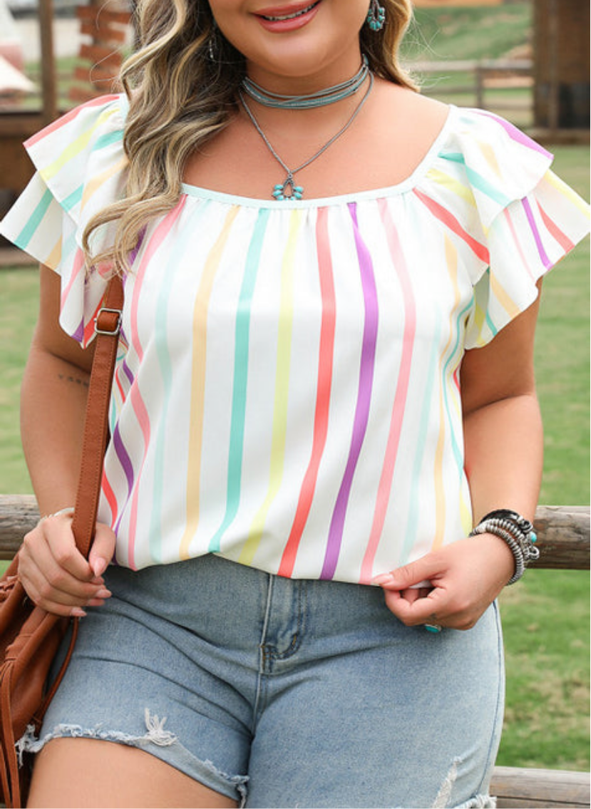 Plus Size Striped Ruffle Sleeve Blouse INS