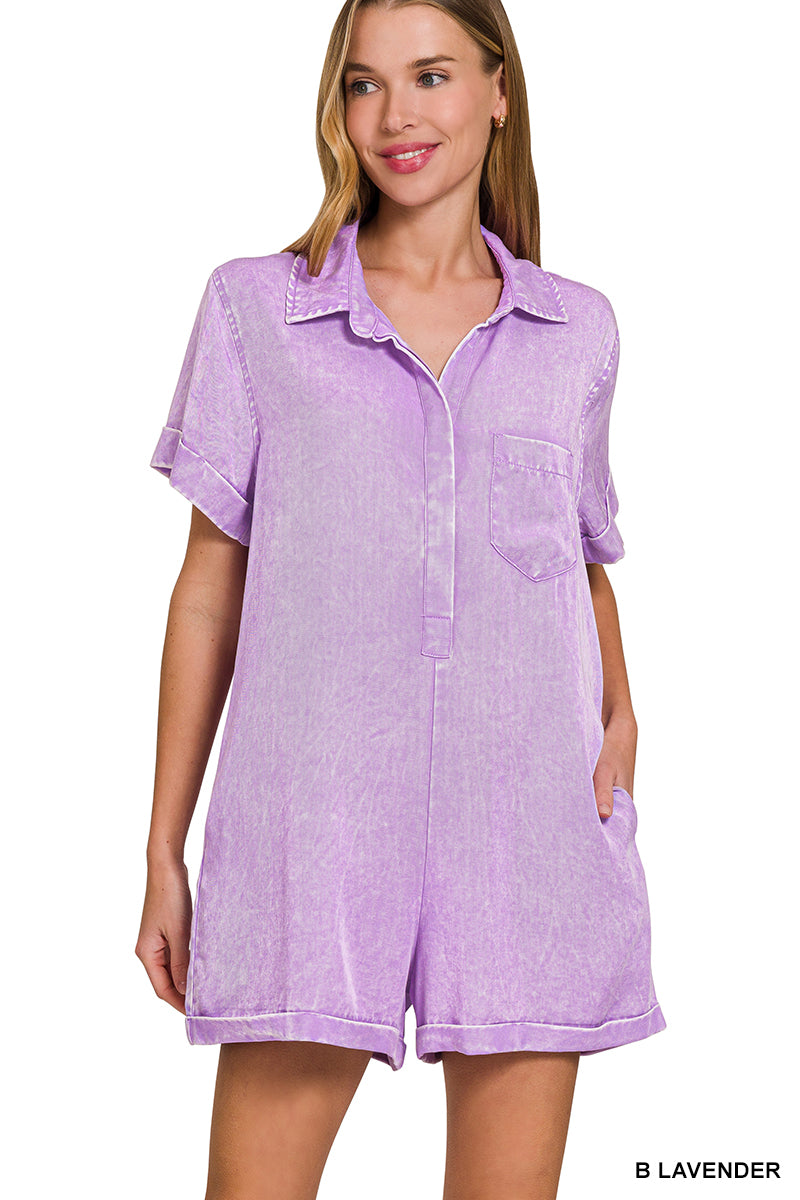 Mineral Wash Half Button Romper Zenana