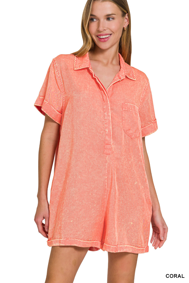 Mineral Wash Half Button Romper Zenana New RTS