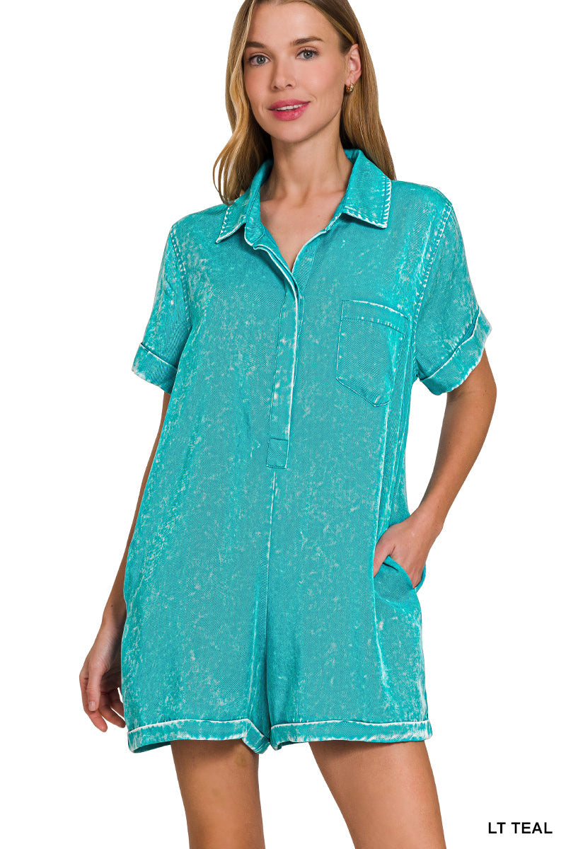 Mineral Wash Half Button Romper Zenana