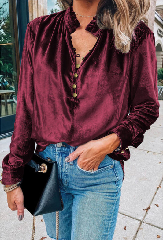 Velvet Frilled Neck Blouse INS