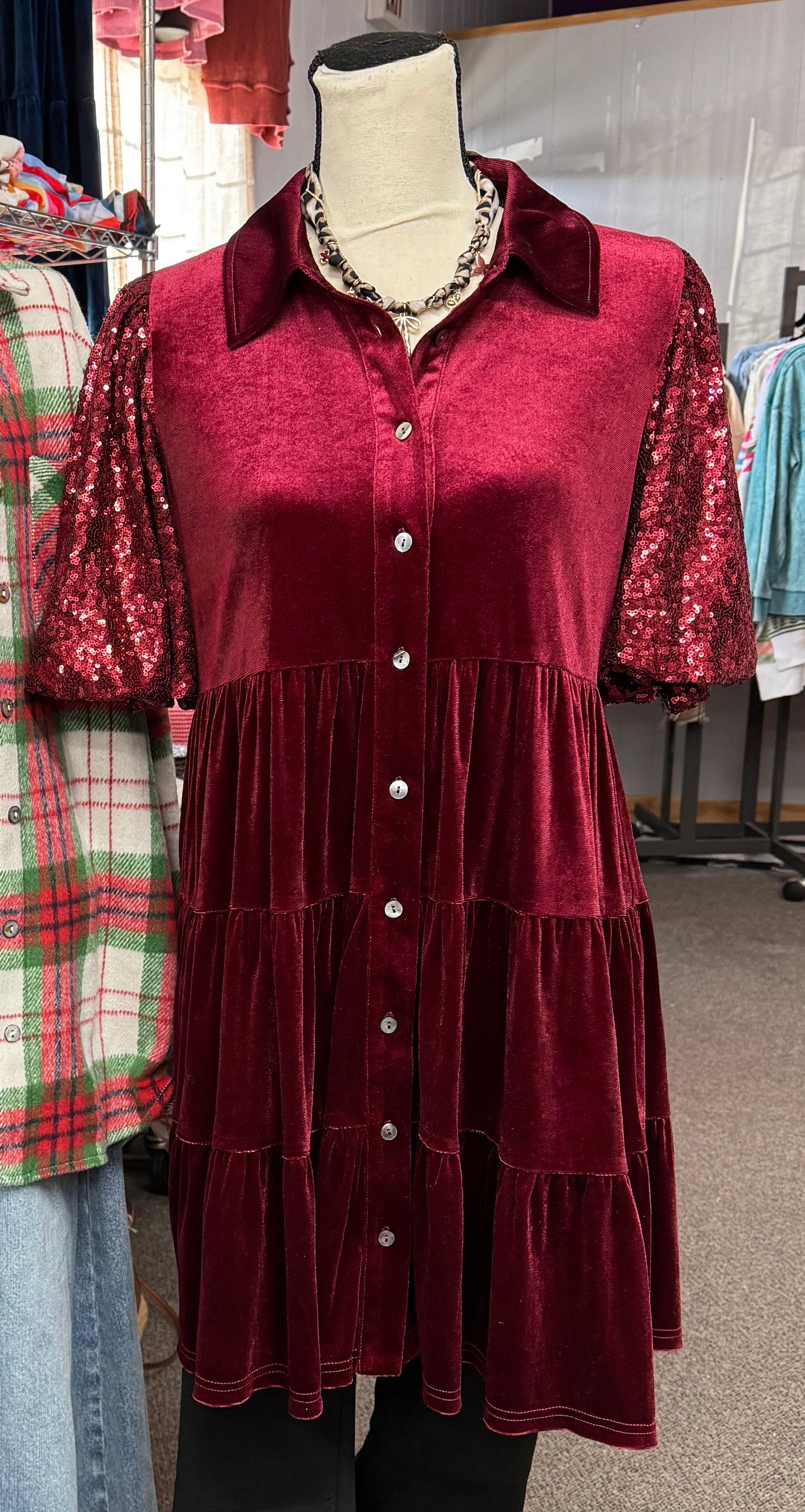 Red Velvet Sequin Puff Sleeve Dress INS