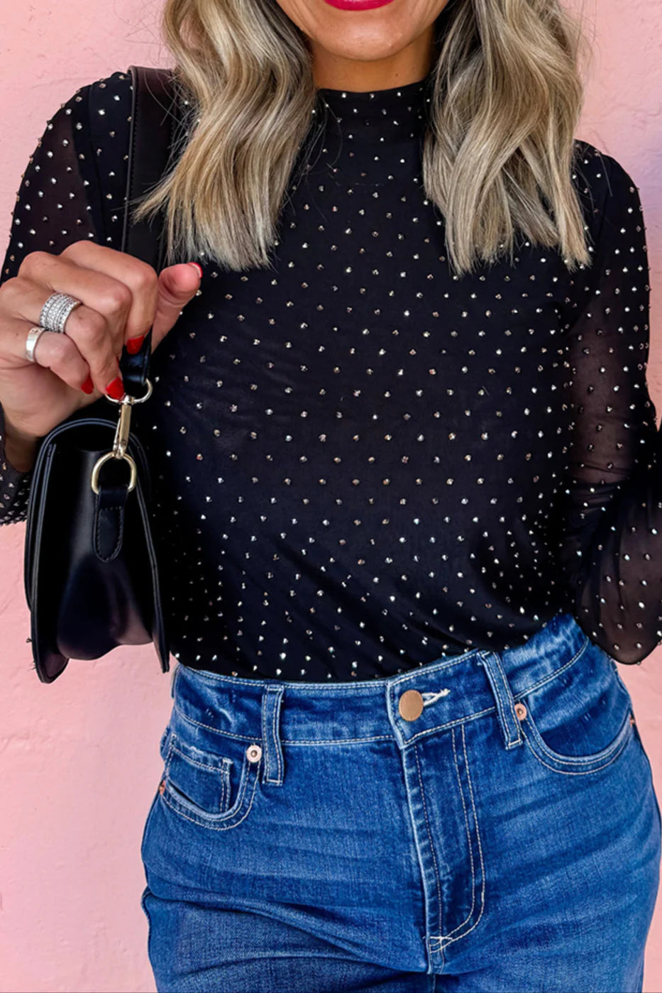 Black Rhinestone Mesh Top INS