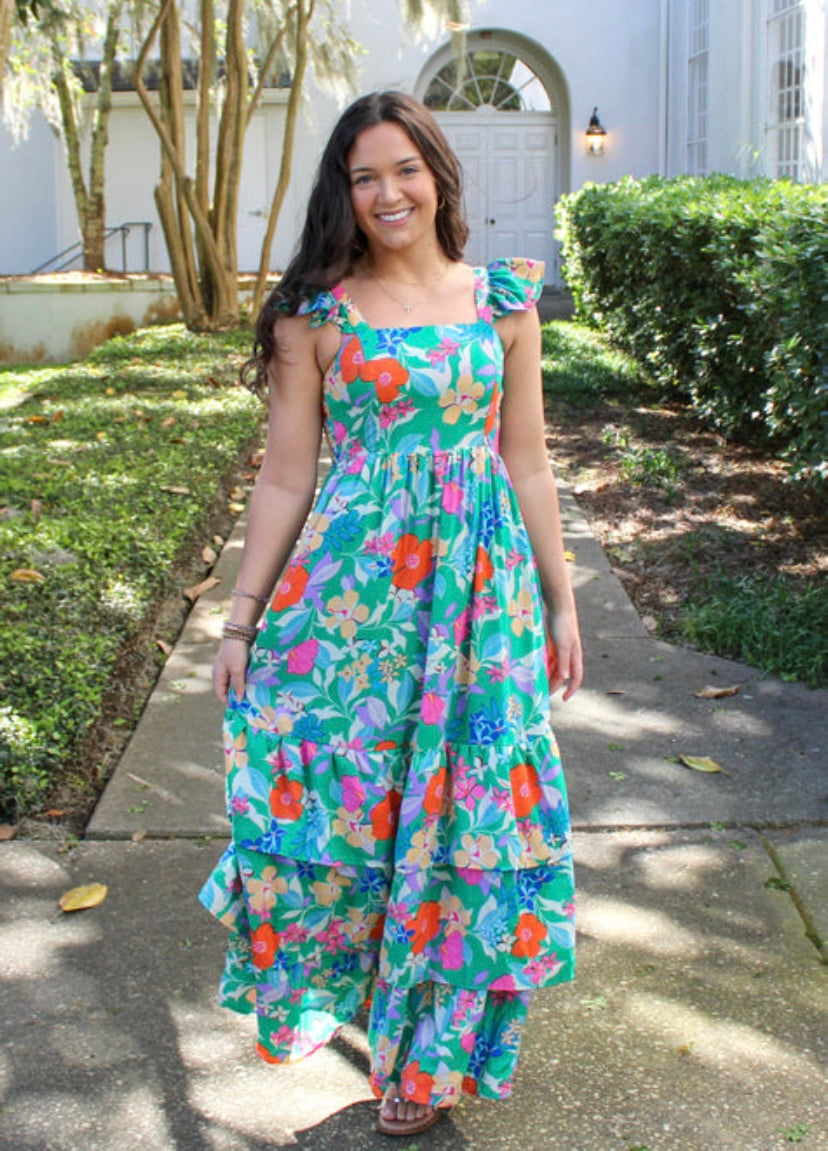 Green Floral Ruffle Dress INS