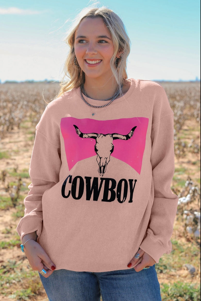 Pink Steer Head Cowboy corded sweatshirt INS