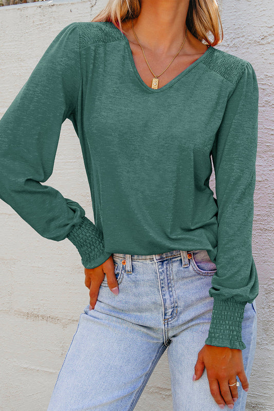 Green Shirred Shoulder Blouse August.