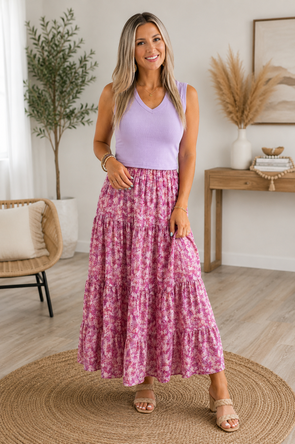 V Neck Tank Floral Contrast Patchwork Dress RTS