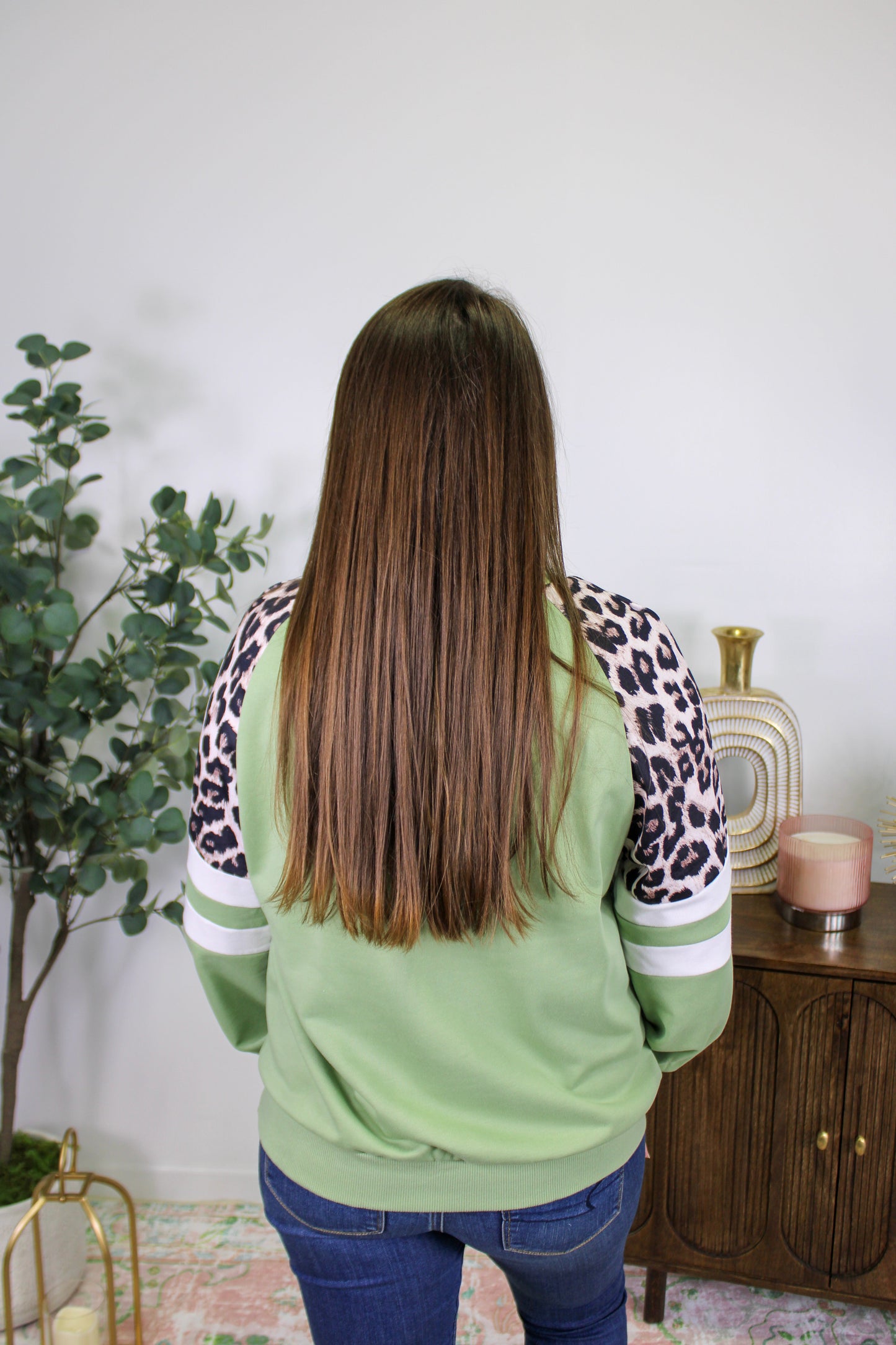 Green Leopard Print Colorblock Top RTS