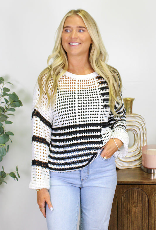 Black and White Striped Hollow Knit Top LT