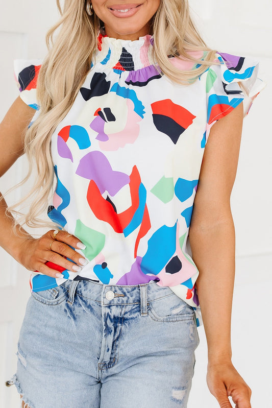 Abstract High Smocked Neck Blouse LT