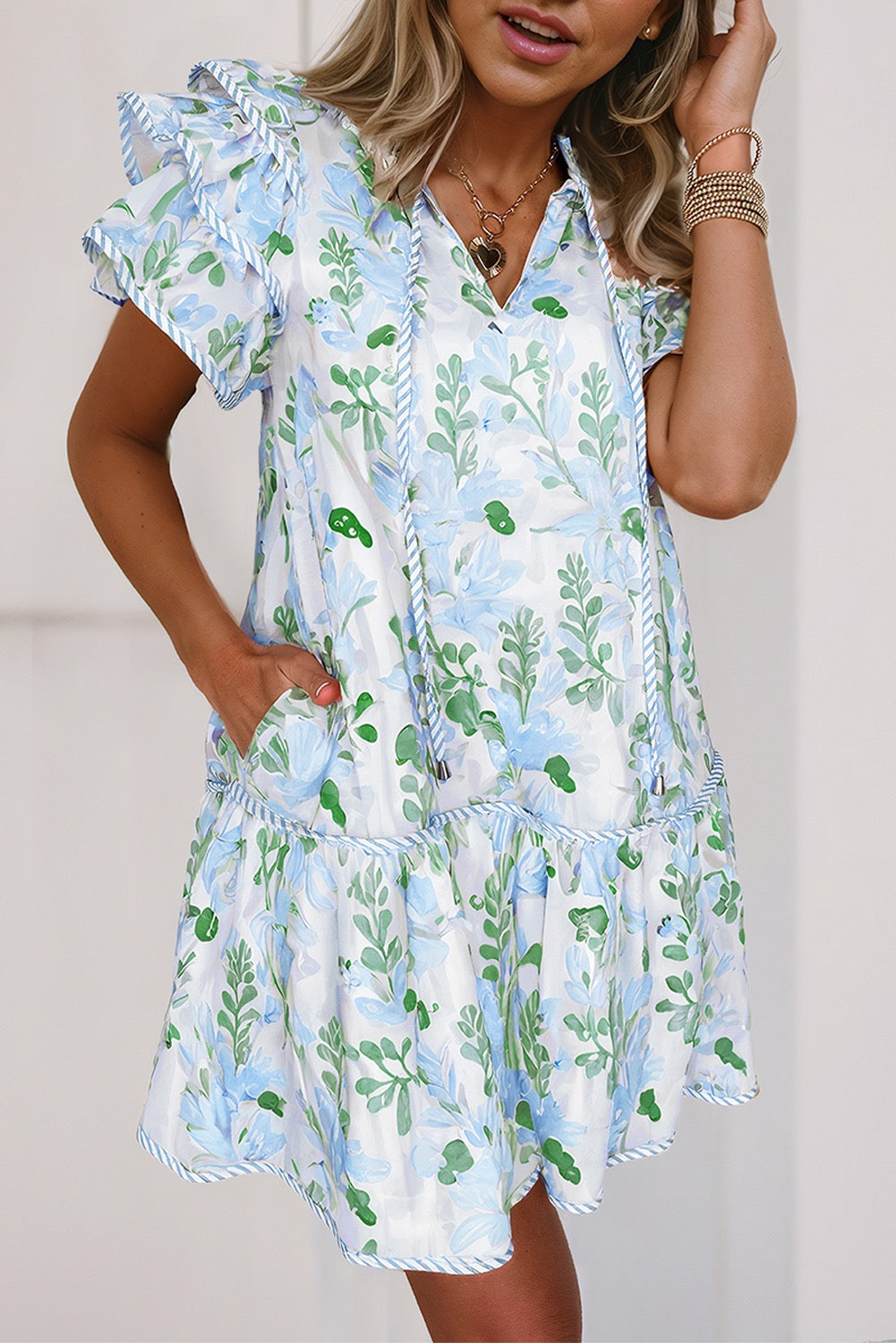 Light Blue Floral Contrast Dress LT