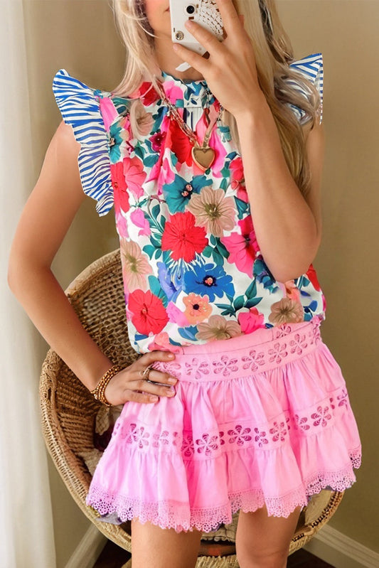 Blue Striped Floral Tank Blouse LT