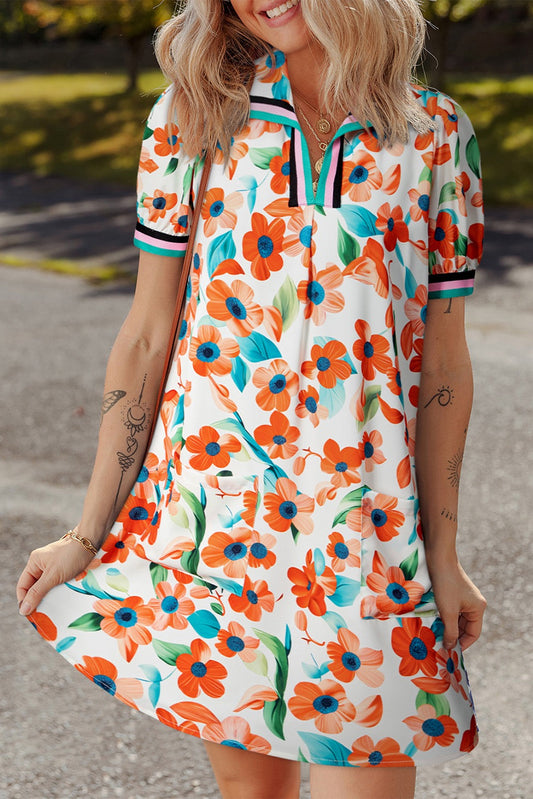 Orange Floral Contrast Trim Dress LT