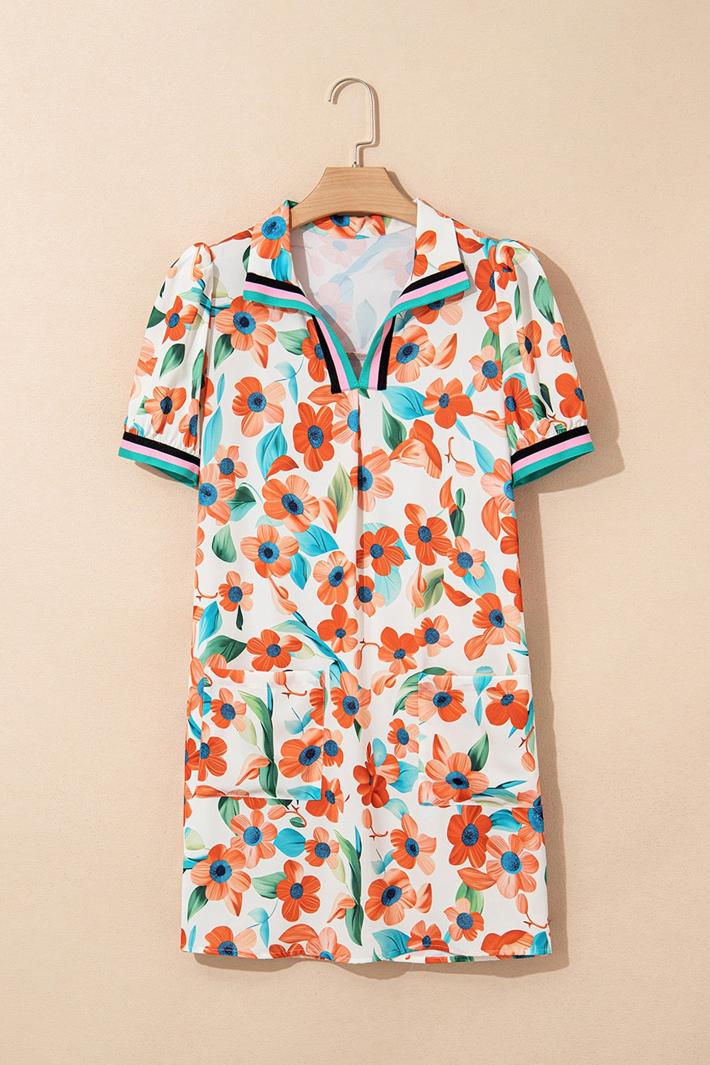 Orange Floral Contrast Trim Dress LT