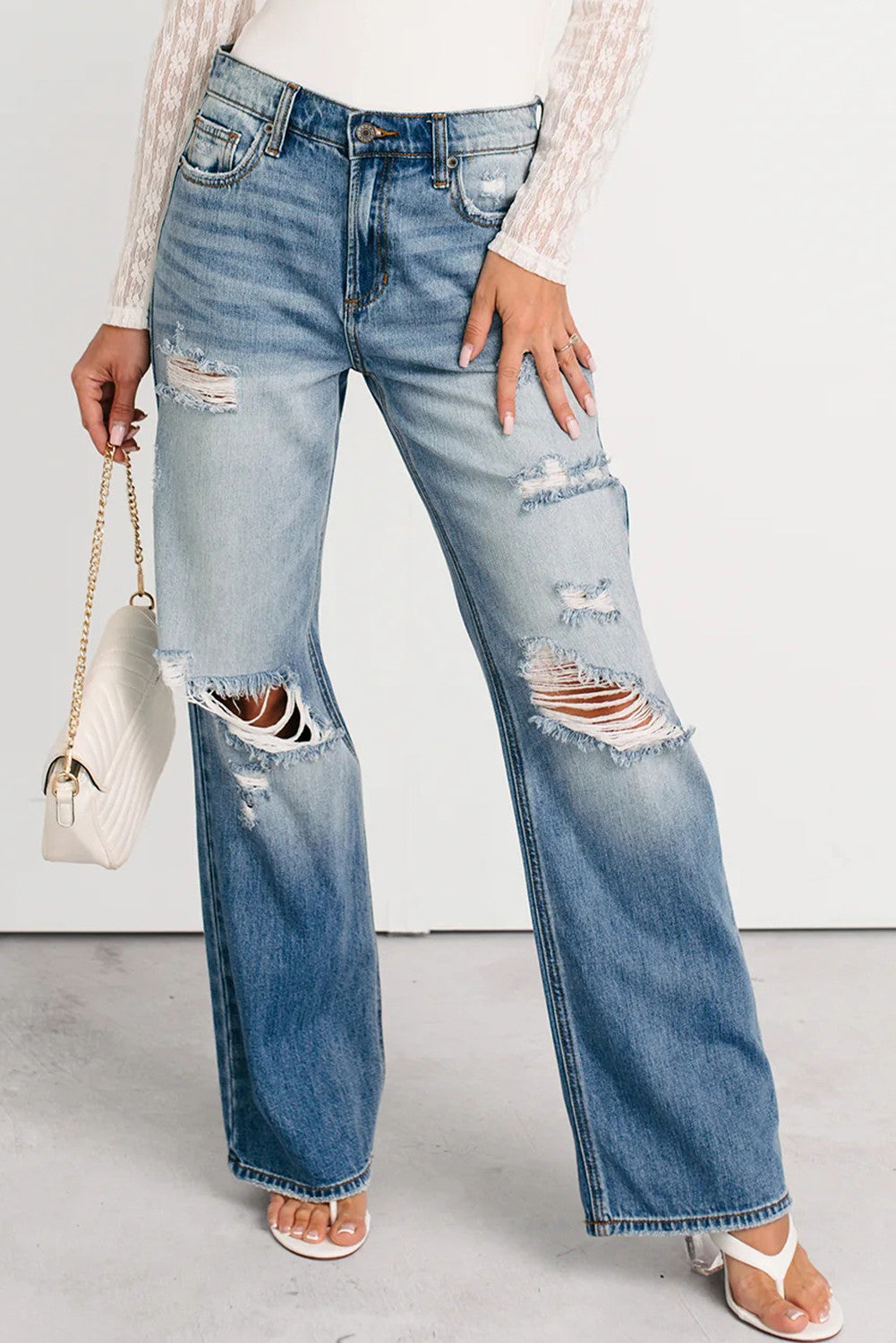 Mid Rise Distressed Straight Jeans FB