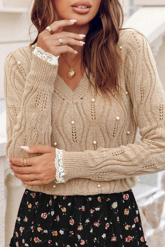 Pearl Beaded Peep Lace Sweater August.
