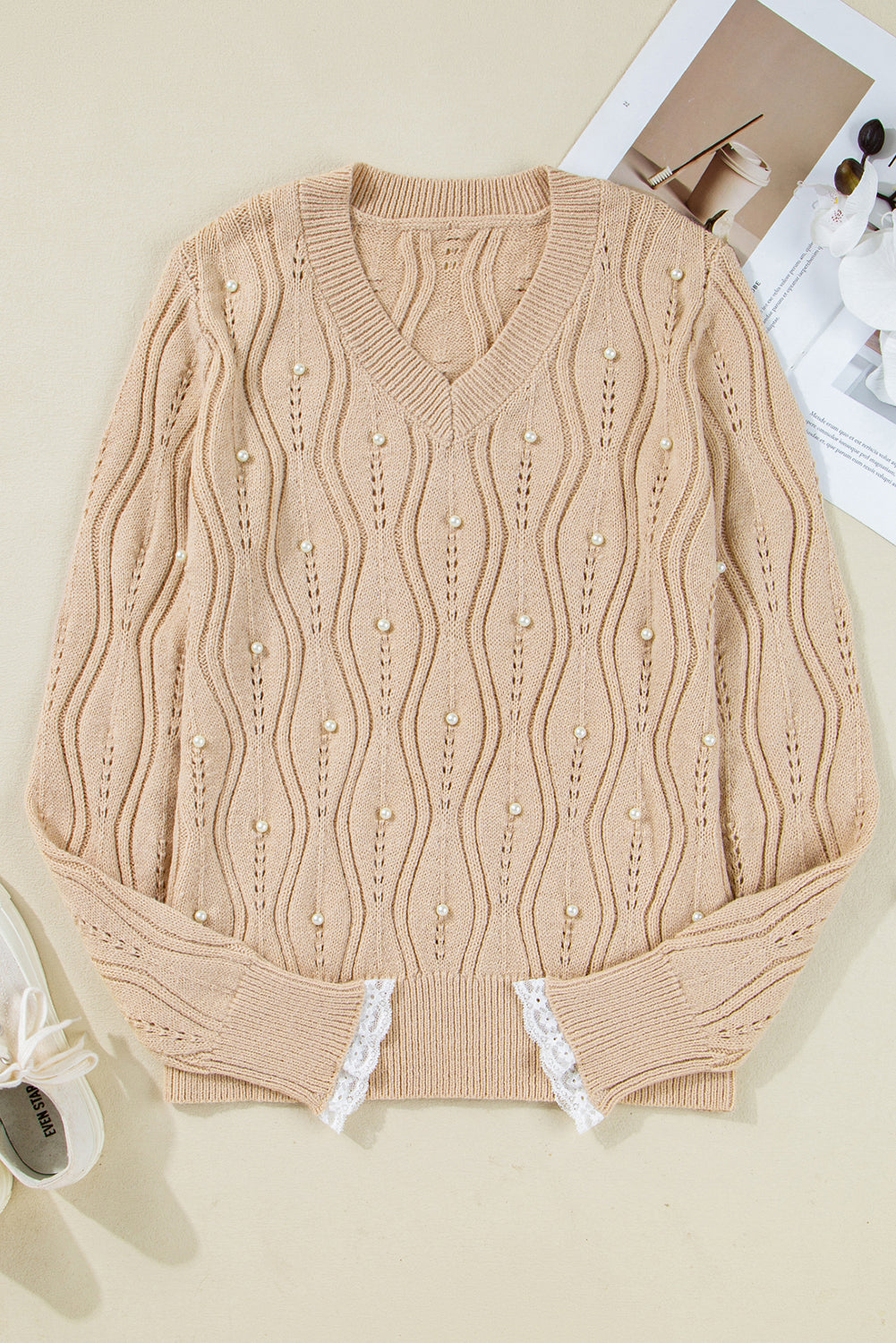 Pearl Beaded Peep Lace Sweater August.