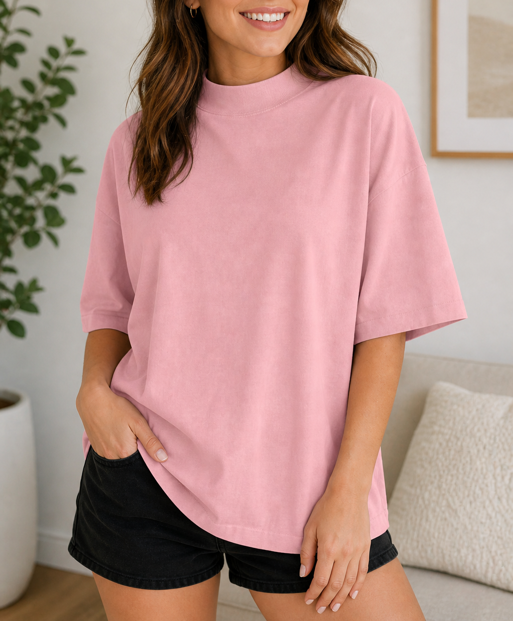 Pink Solid High Neck Top