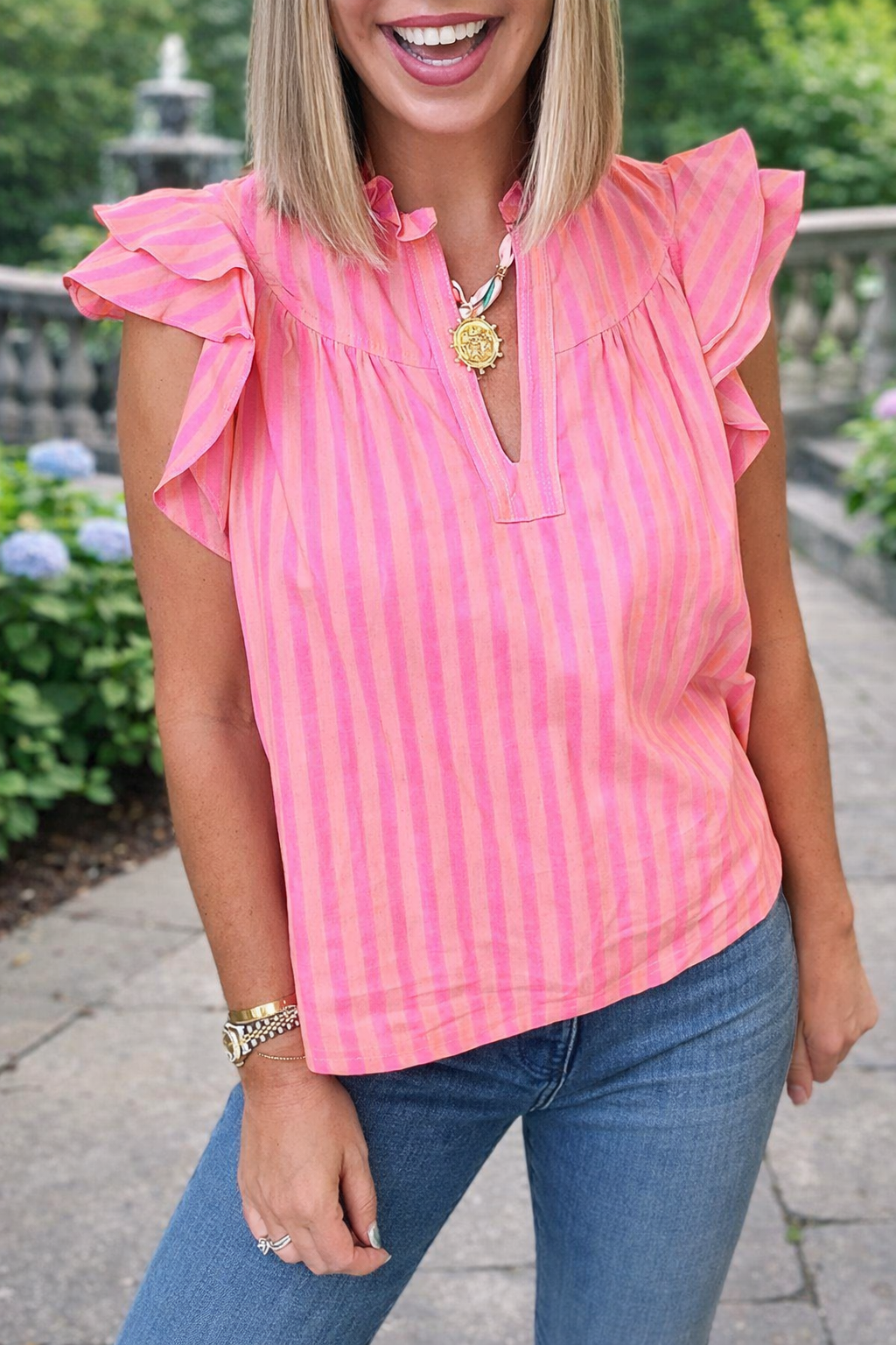 Pink Stripe Ruffled Blouse RTS