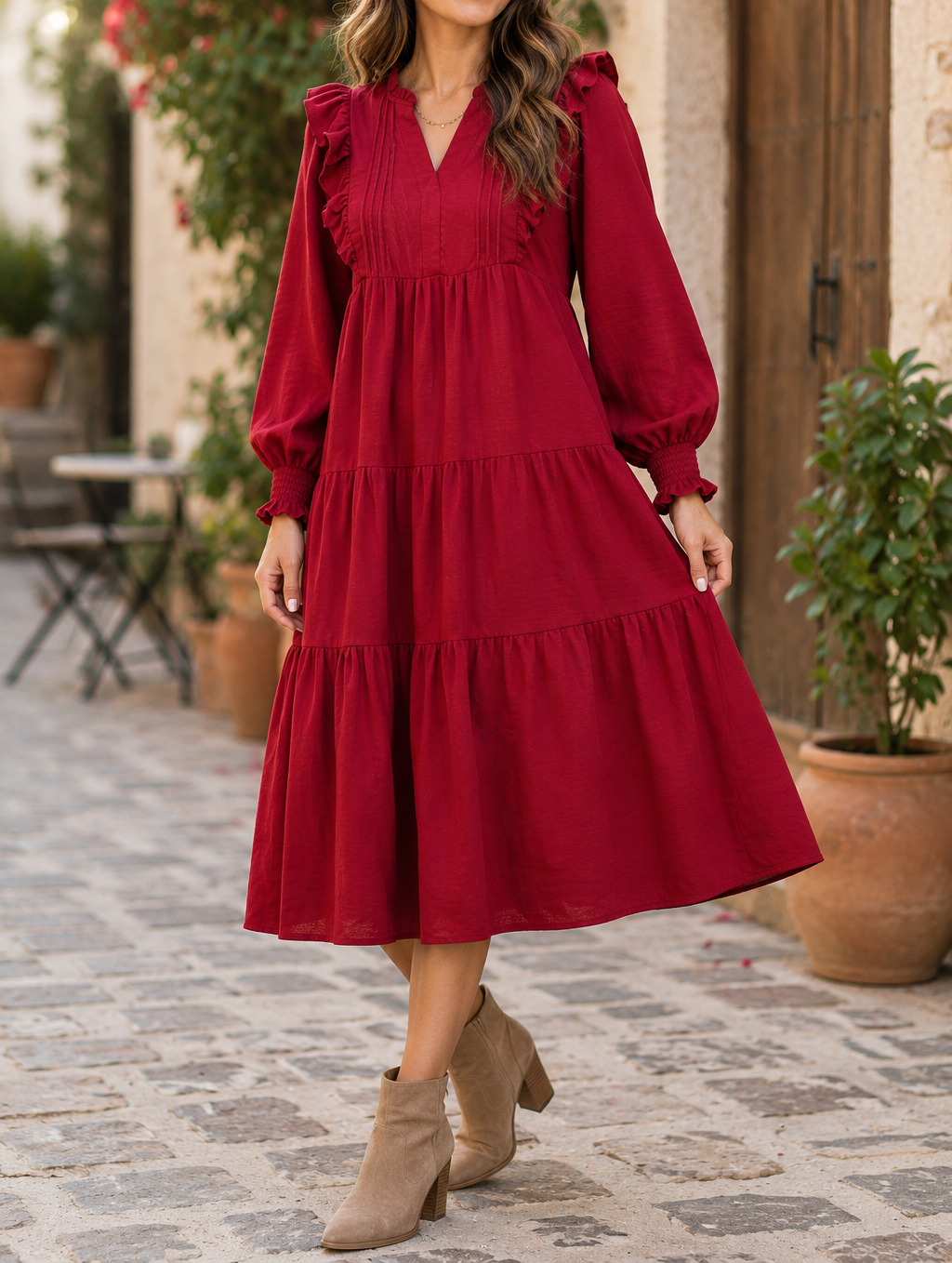 Red Ruffle Casual Dress