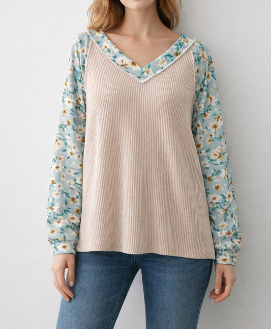 Ribbed Floral Sleeve Top FB