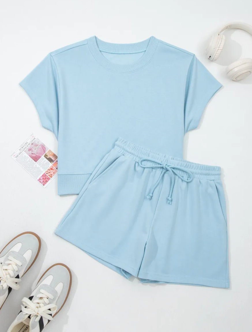 Loose Tee Drawstring Shortie Set