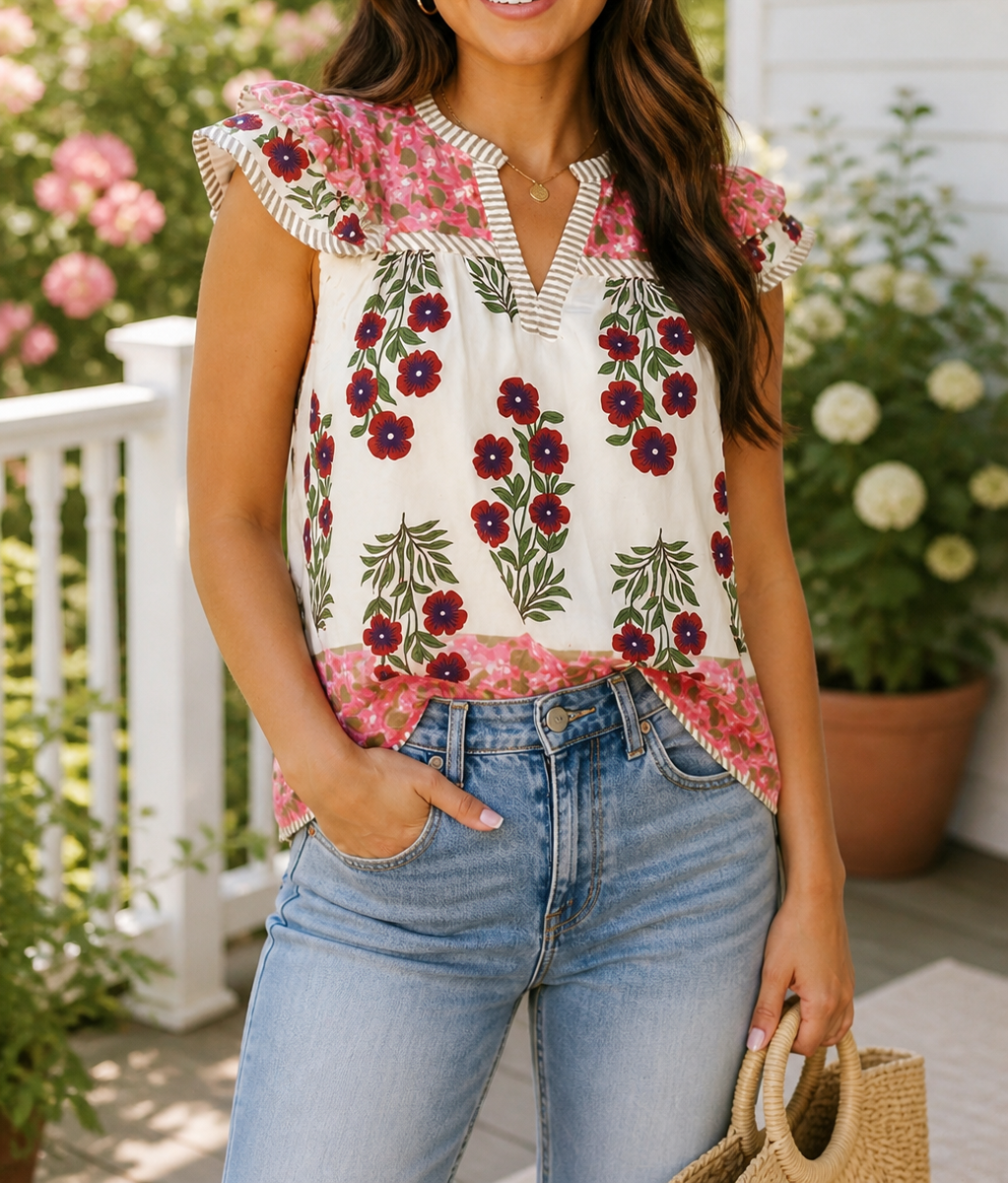 White Floral Flutter Blouse