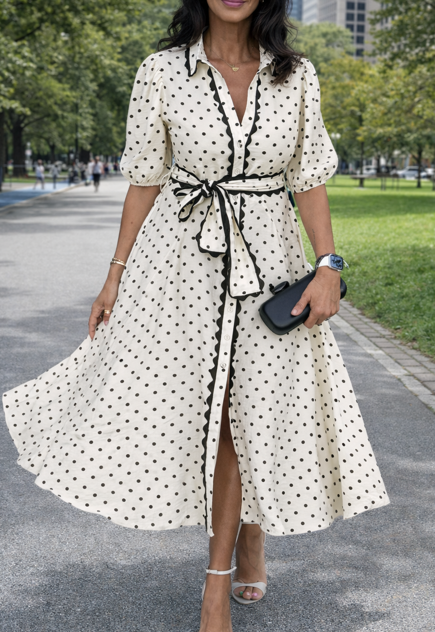 White Polka Dot Belted Midi Dress FB