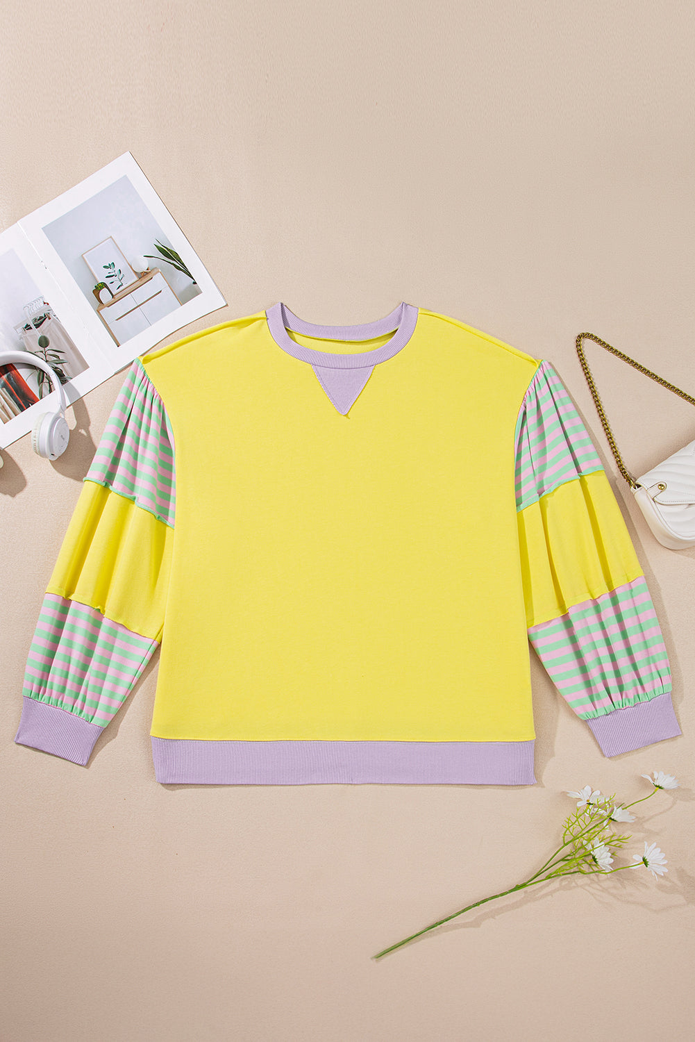 Yellow Striped Colorblock Plus Size Pullover LT