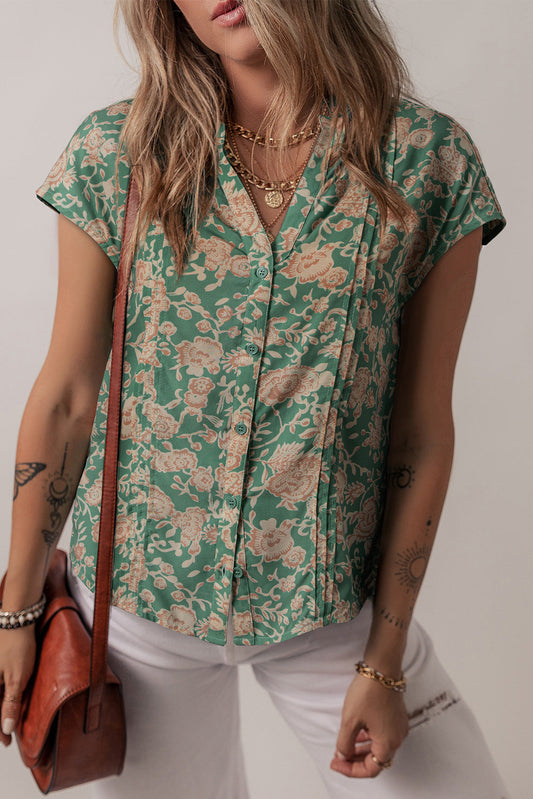 Green Floral Pleated Button Blouse LT