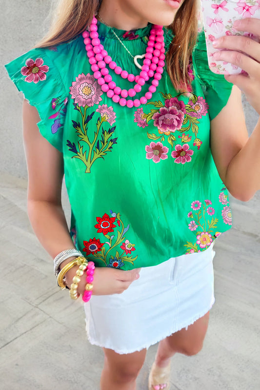Green Floral Flutter Blouse LT