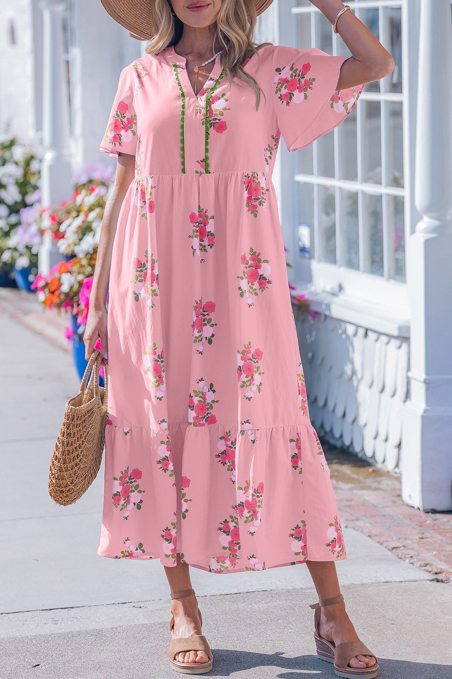 Notched Floral Maxi Dress