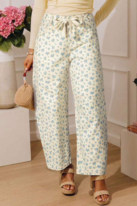 Beige Floral Knot Barrel Jeans
